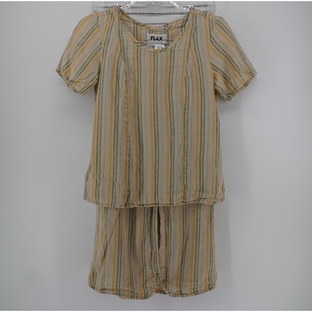 Flax Linen 2 Piece Set Yellow Green Striped Top and Midi Skirt Petite